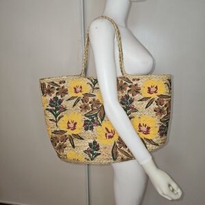 NEW Made In India Hand Painted Floral Straw Tote Bag